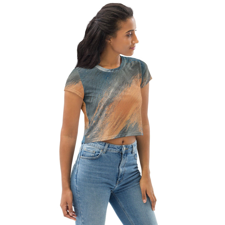 Womens Stretch Fit Crop Tee T-shirt - Blue Orange Abstract Pattern
