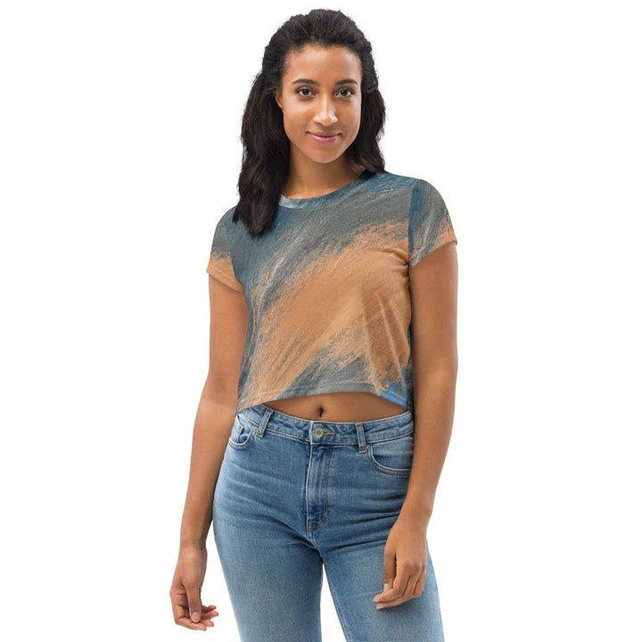 Womens Stretch Fit Crop Tee T-shirt - Blue Orange Abstract Pattern