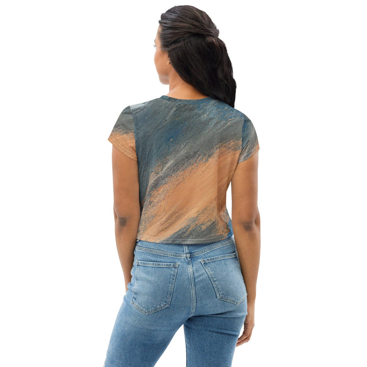 Womens Stretch Fit Crop Tee T-shirt - Blue Orange Abstract Pattern