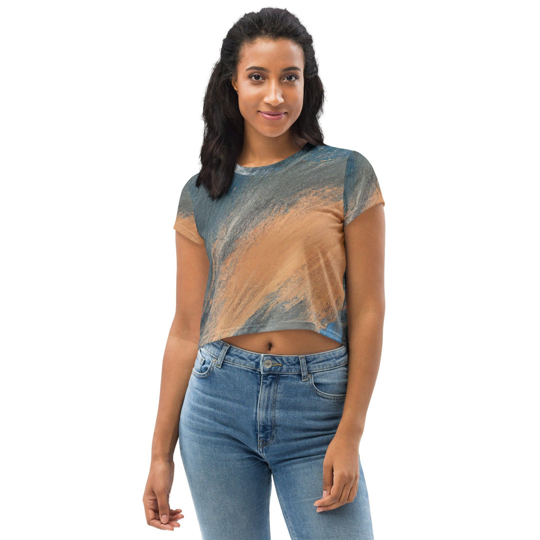 Womens Stretch Fit Crop Tee T-shirt - Blue Orange Abstract Pattern