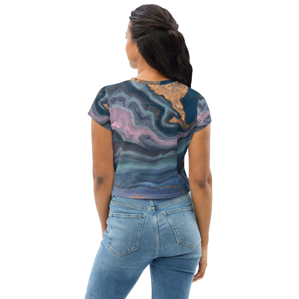 Womens Stretch Fit Crop Tee T-shirt - Blue Pink Marble Swirl Print
