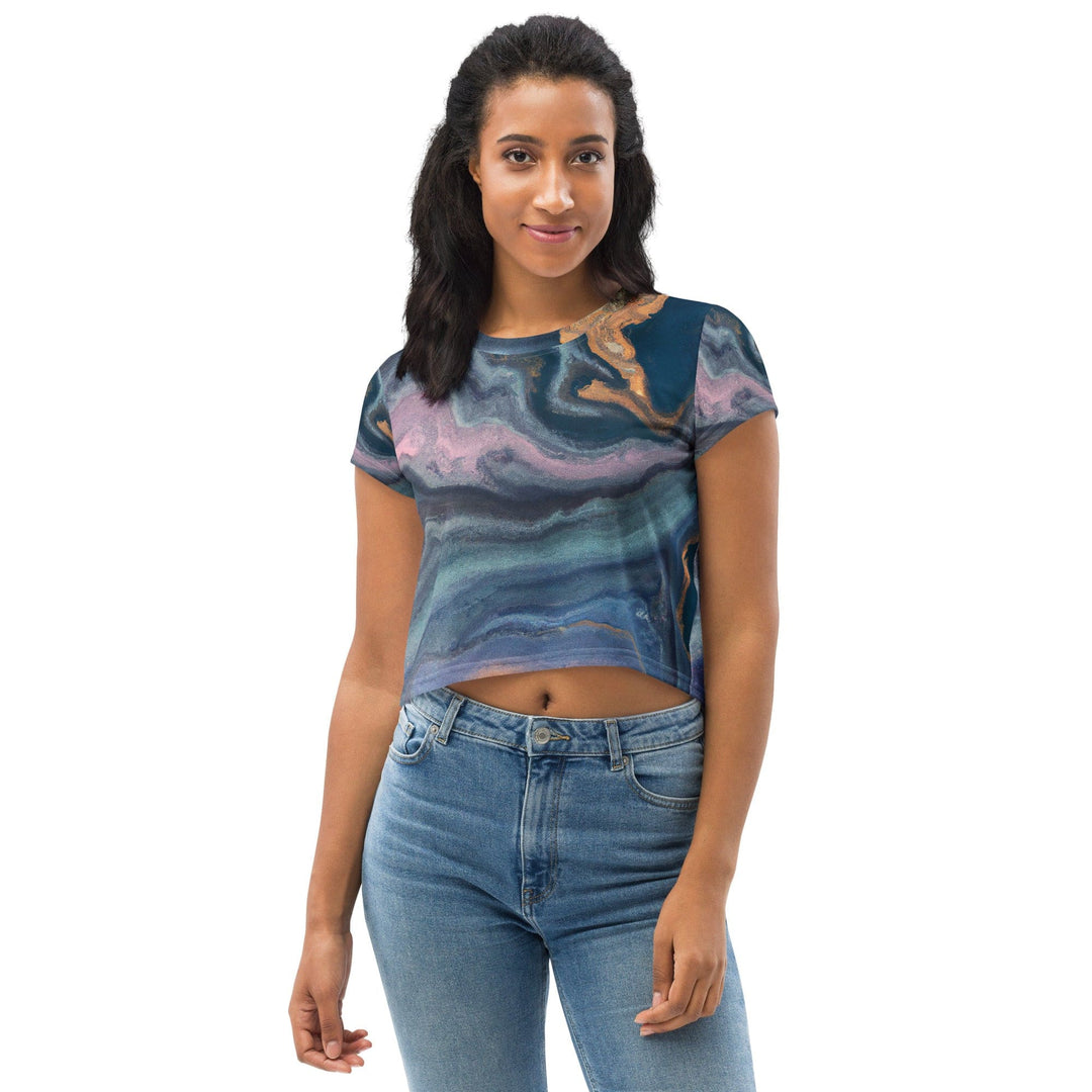 Womens Stretch Fit Crop Tee T-shirt - Blue Pink Marble Swirl Print