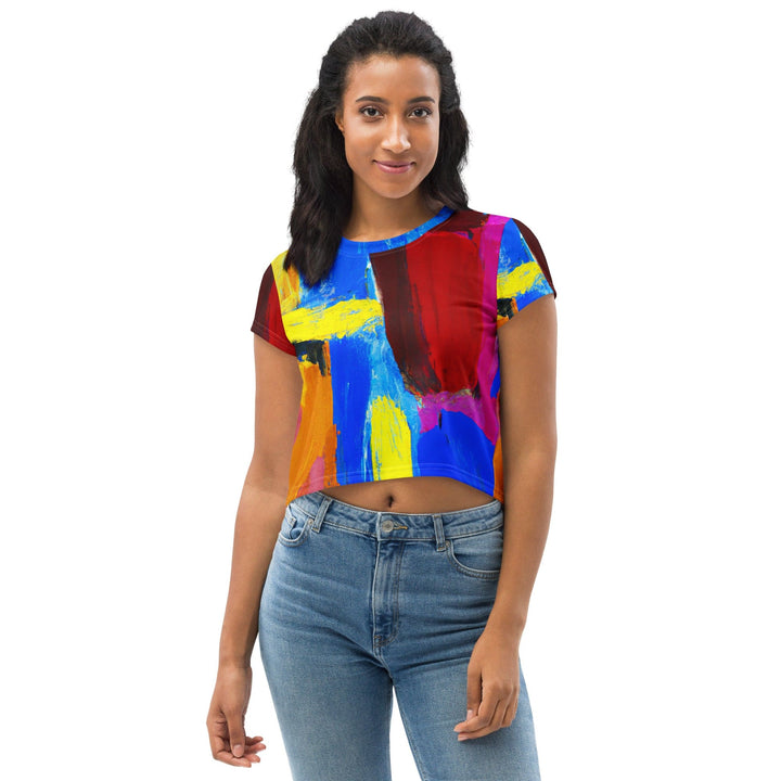Womens Stretch Fit Crop Tee T-shirt - Blue Red Abstract Pattern