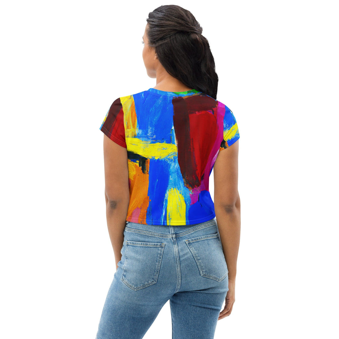 Womens Stretch Fit Crop Tee T-shirt - Blue Red Abstract Pattern