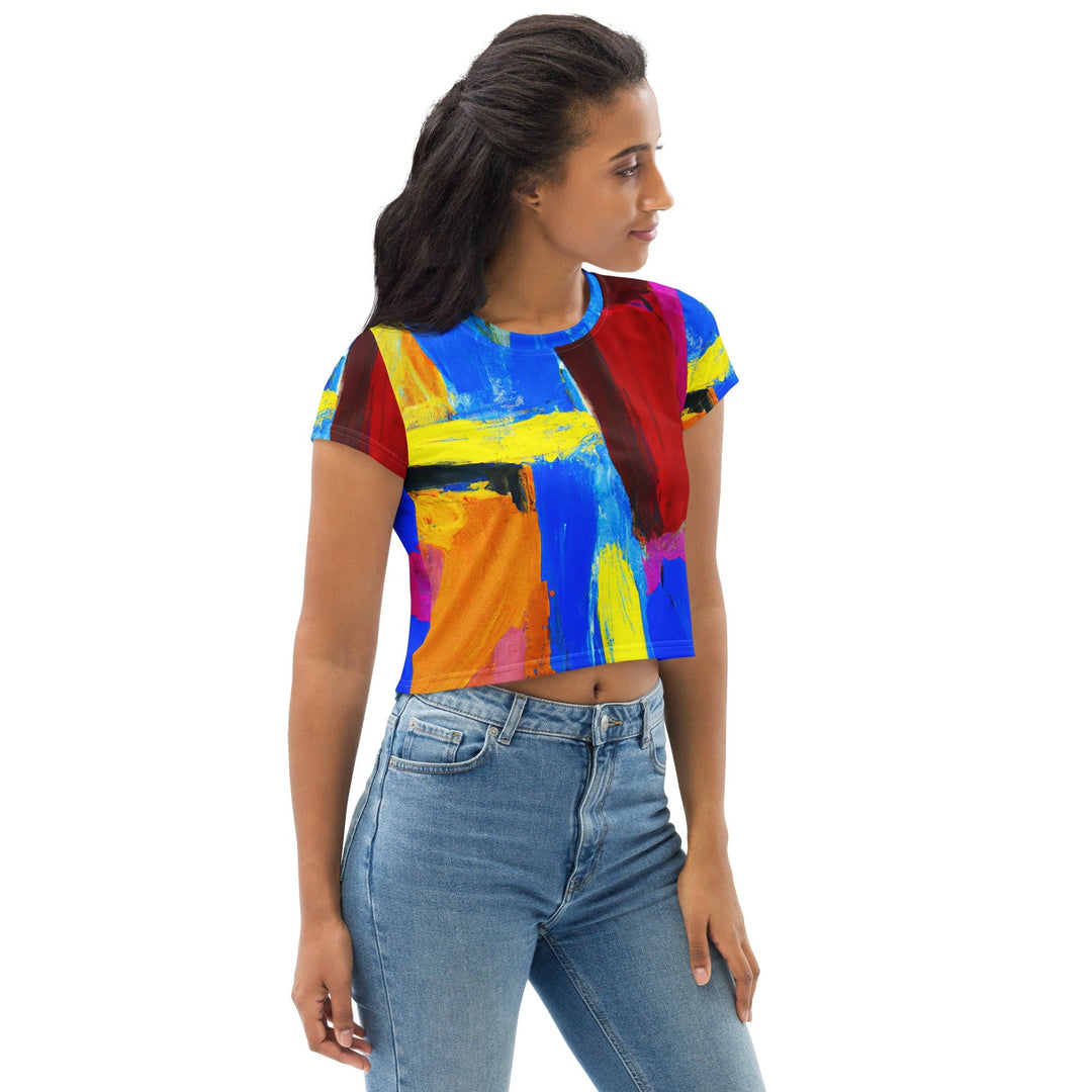 Womens Stretch Fit Crop Tee T-shirt - Blue Red Abstract Pattern