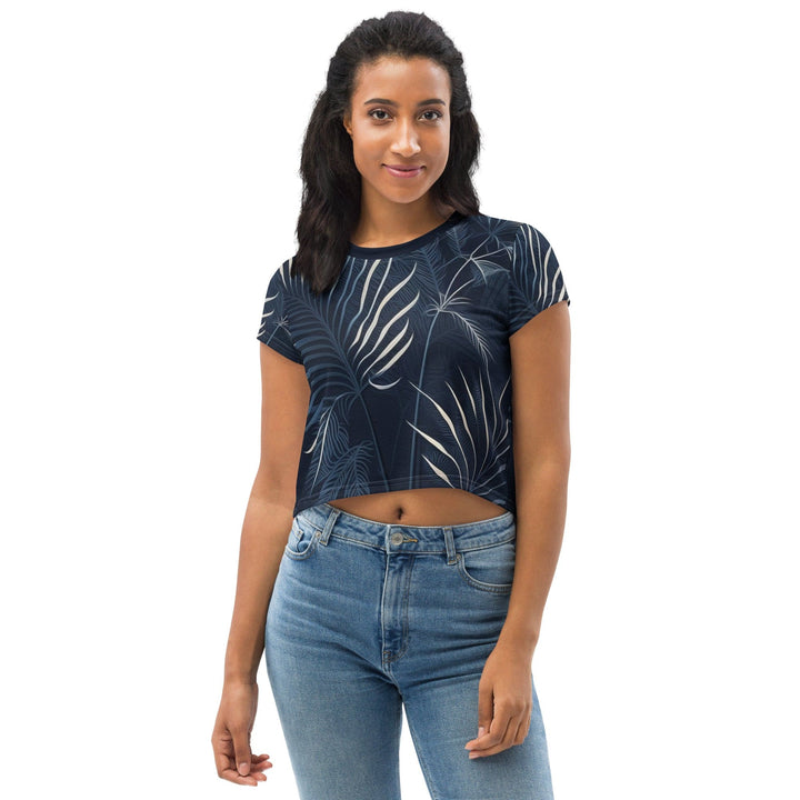 Womens Stretch Fit Crop Tee T-shirt - Blue White Palm Leaves