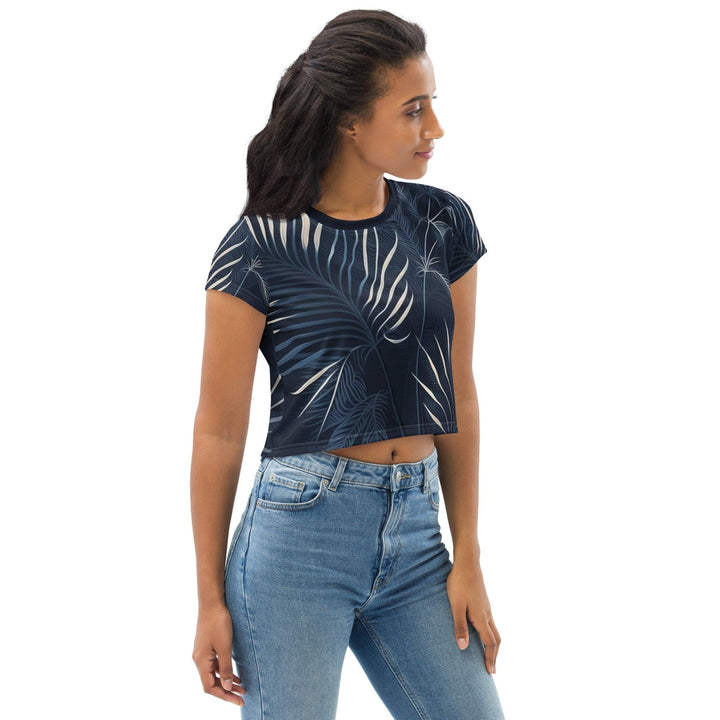 Womens Stretch Fit Crop Tee T-shirt - Blue White Palm Leaves
