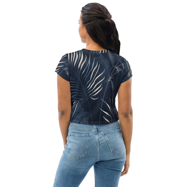 Womens Stretch Fit Crop Tee T-shirt - Blue White Palm Leaves