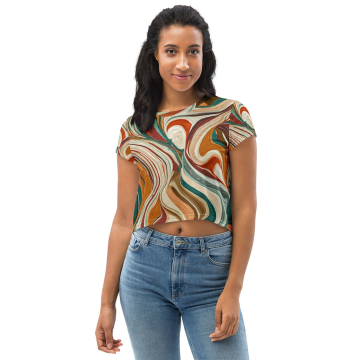 Womens Stretch Fit Crop Tee T-shirt - Boho Brown Marble Print