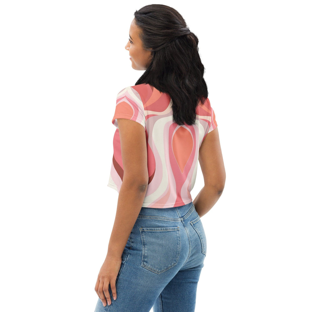 Womens Stretch Fit Crop Tee T-shirt - Pink White Boho Swirl Lines