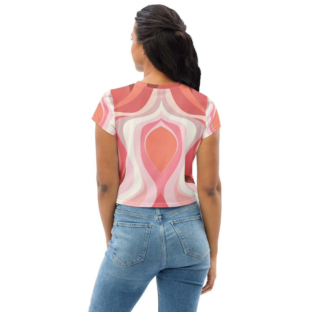 Womens Stretch Fit Crop Tee T-shirt - Pink White Boho Swirl Lines