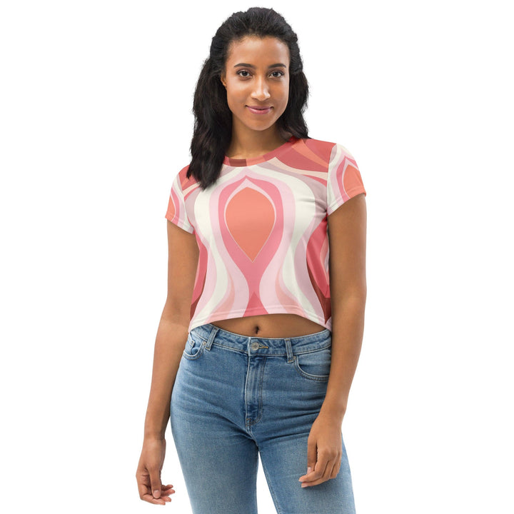 Womens Stretch Fit Crop Tee T-shirt - Pink White Boho Swirl Lines