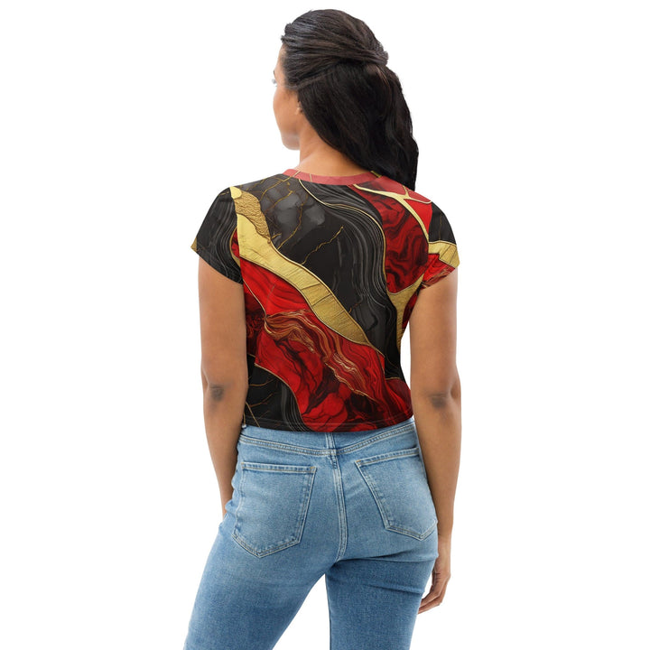 Womens Stretch Fit Crop Tee T-shirt - Bold Red Gold Tones Print