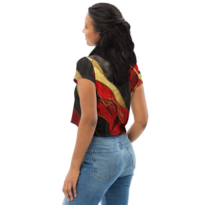 Womens Stretch Fit Crop Tee T-shirt - Bold Red Gold Tones Print