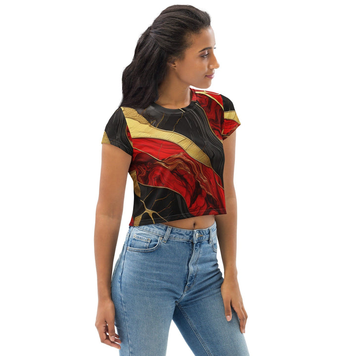 Womens Stretch Fit Crop Tee T-shirt - Bold Red Gold Tones Print