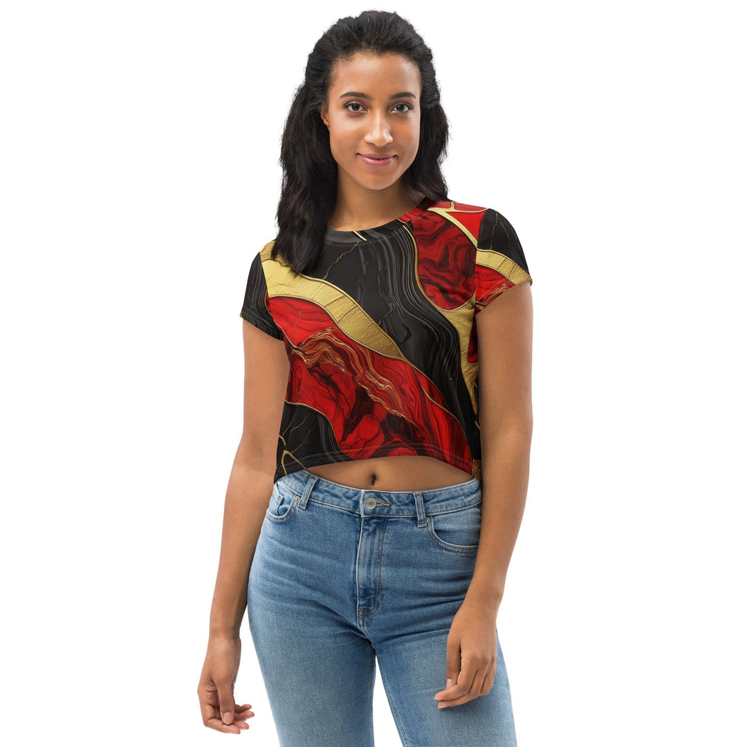 Womens Stretch Fit Crop Tee T-shirt - Bold Red Gold Tones Print