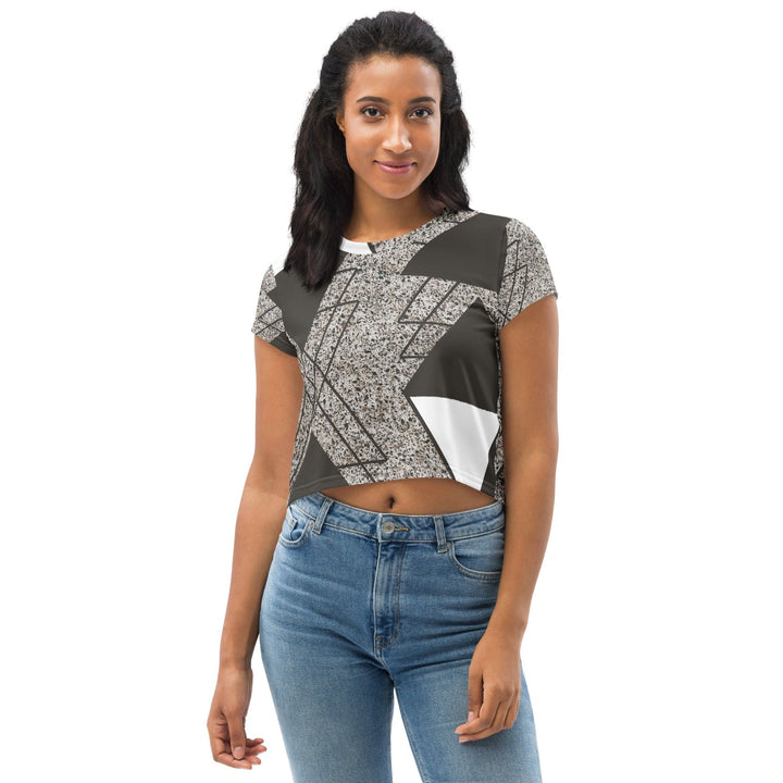 Womens Stretch Fit Crop Tee T-shirt - Brown and White Triangular Colorblock