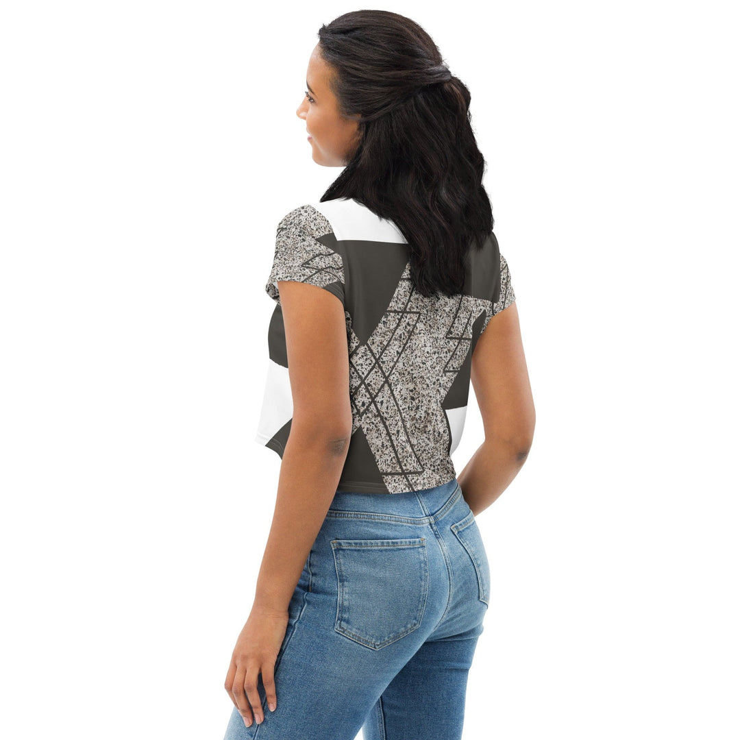 Womens Stretch Fit Crop Tee T-shirt - Brown and White Triangular Colorblock