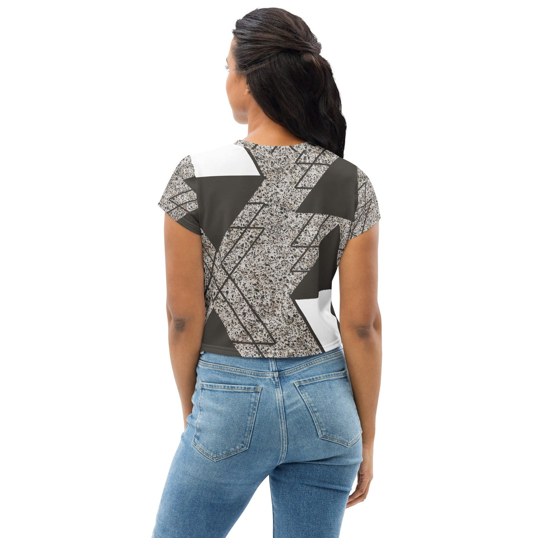 Womens Stretch Fit Crop Tee T-shirt - Brown and White Triangular Colorblock