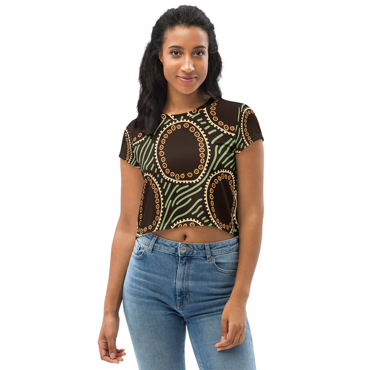 Womens Stretch Fit Crop Tee T-shirt - Brown Green Geometric Lines
