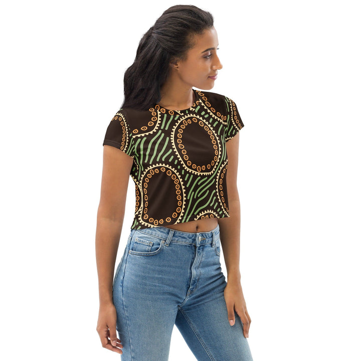 Womens Stretch Fit Crop Tee T-shirt - Brown Green Geometric Lines