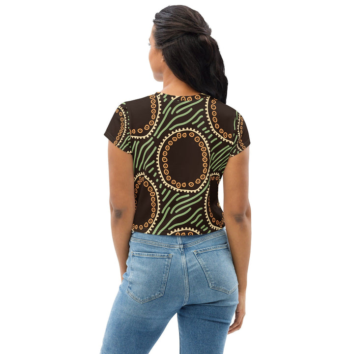 Womens Stretch Fit Crop Tee T-shirt - Brown Green Geometric Lines