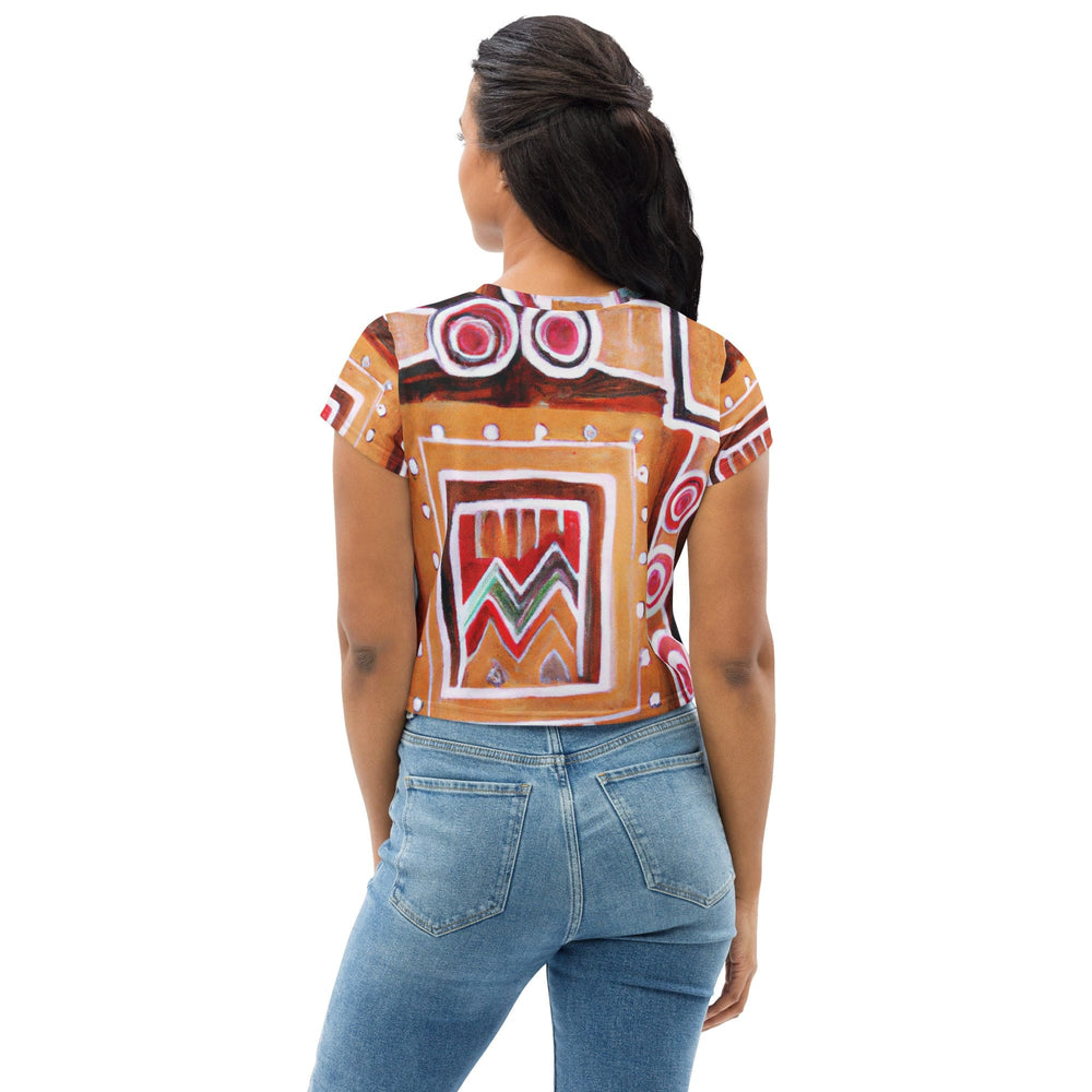Womens Stretch Fit Crop Tee T-shirt - Brown Orange Green Aztec Pattern