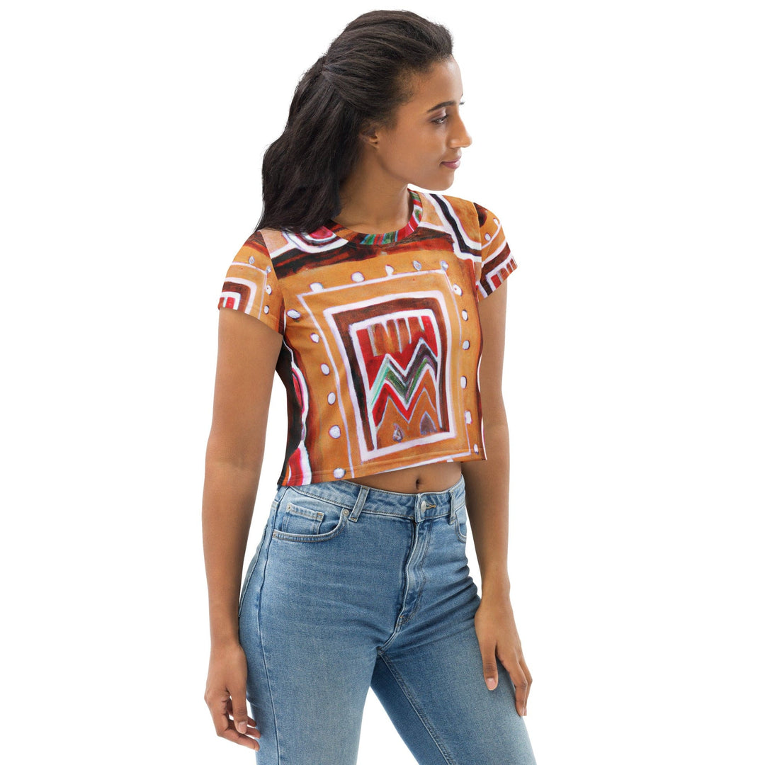 Womens Stretch Fit Crop Tee T-shirt - Brown Orange Green Aztec Pattern