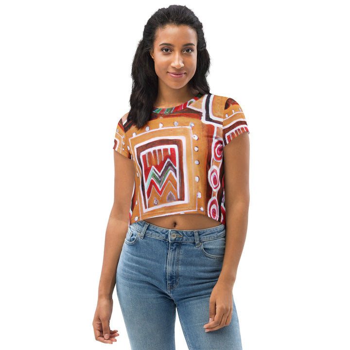 Womens Stretch Fit Crop Tee T-shirt - Brown Orange Green Aztec Pattern