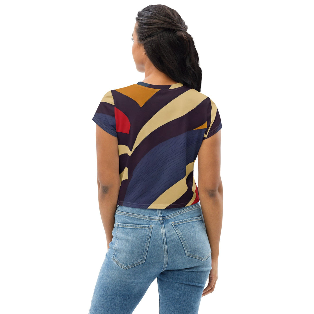 Womens Stretch Fit Crop Tee T-shirt - Brown Red Blue Colorblock Lines