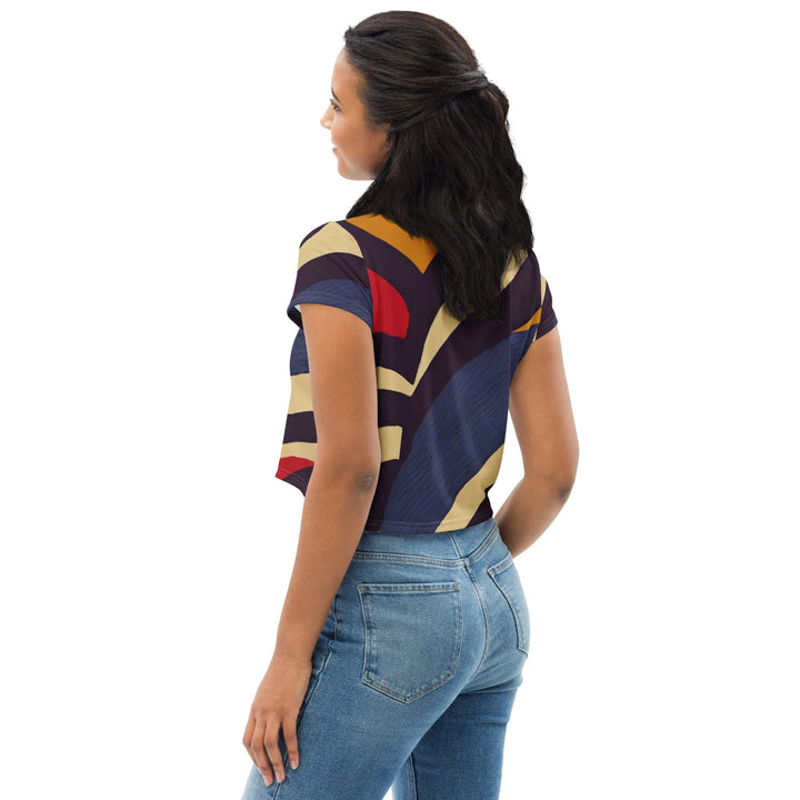 Womens Stretch Fit Crop Tee T-shirt - Brown Red Blue Colorblock Lines