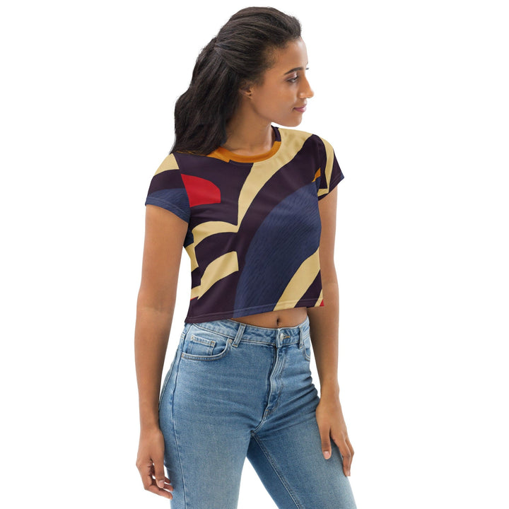 Womens Stretch Fit Crop Tee T-shirt - Brown Red Blue Colorblock Lines