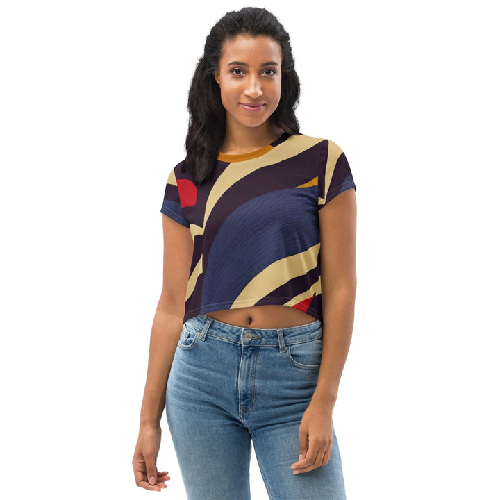 Womens Stretch Fit Crop Tee T-shirt - Brown Red Blue Colorblock Lines