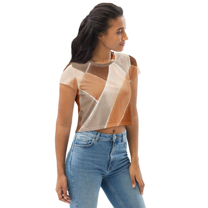 Womens Stretch Fit Crop Tee T-shirt - Brown Rustic Watercolors Print