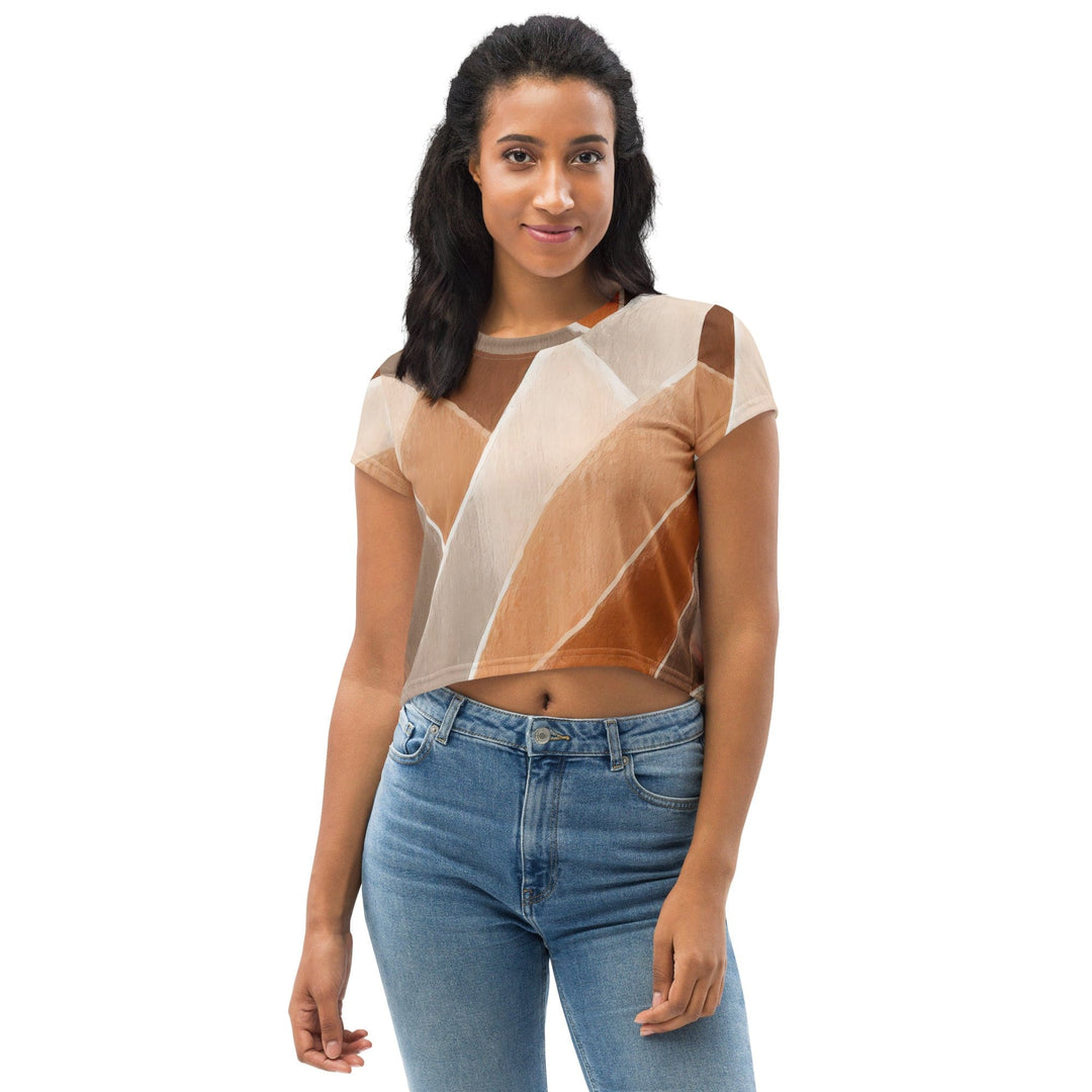 Womens Stretch Fit Crop Tee T-shirt - Brown Rustic Watercolors Print