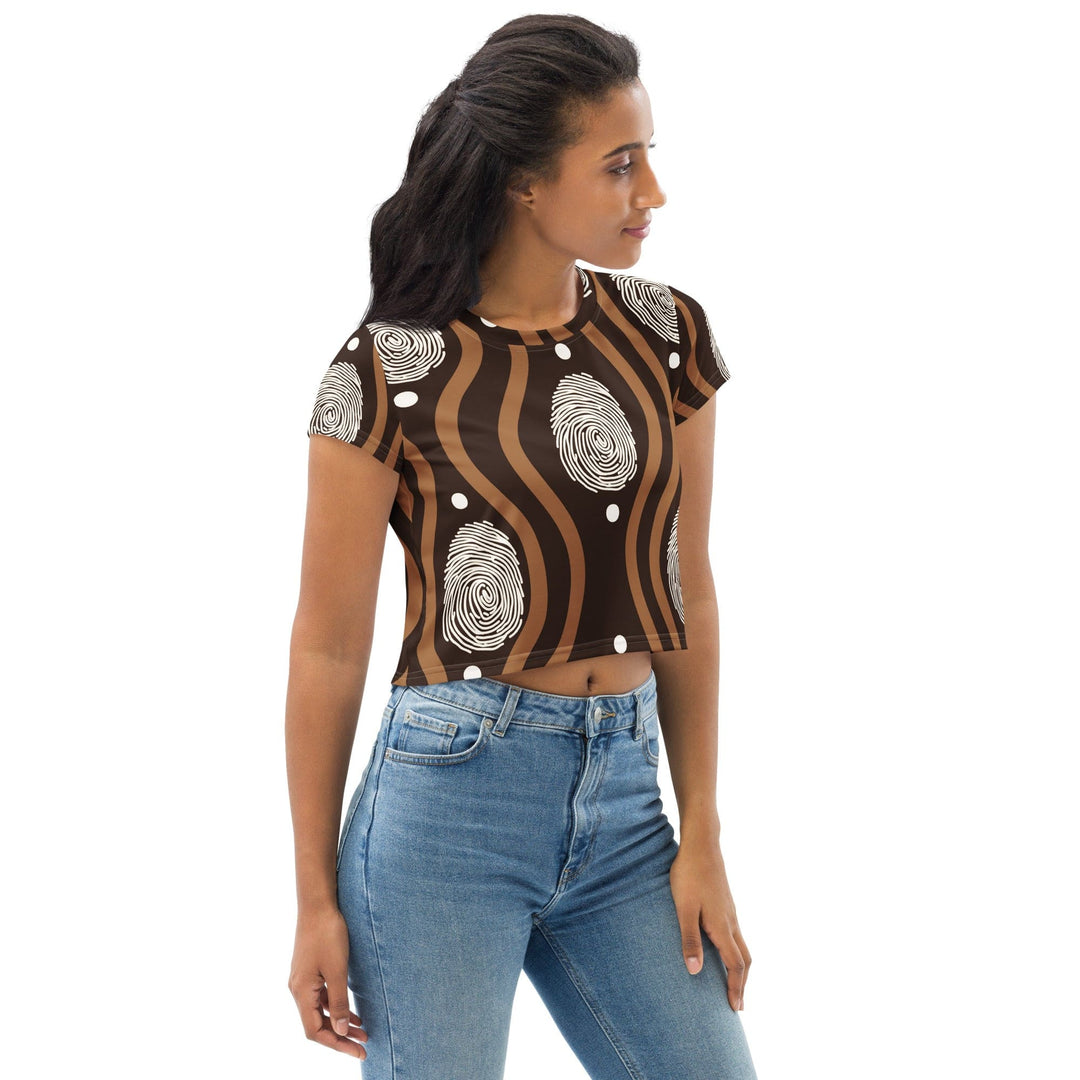 Womens Stretch Fit Crop Tee T-shirt Brown White Geometric Lines