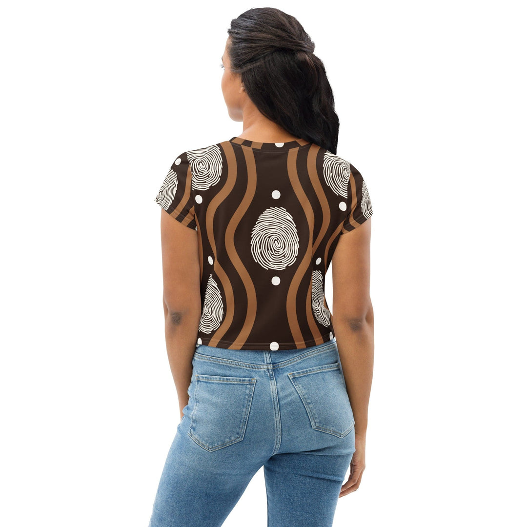 Womens Stretch Fit Crop Tee T-shirt Brown White Geometric Lines