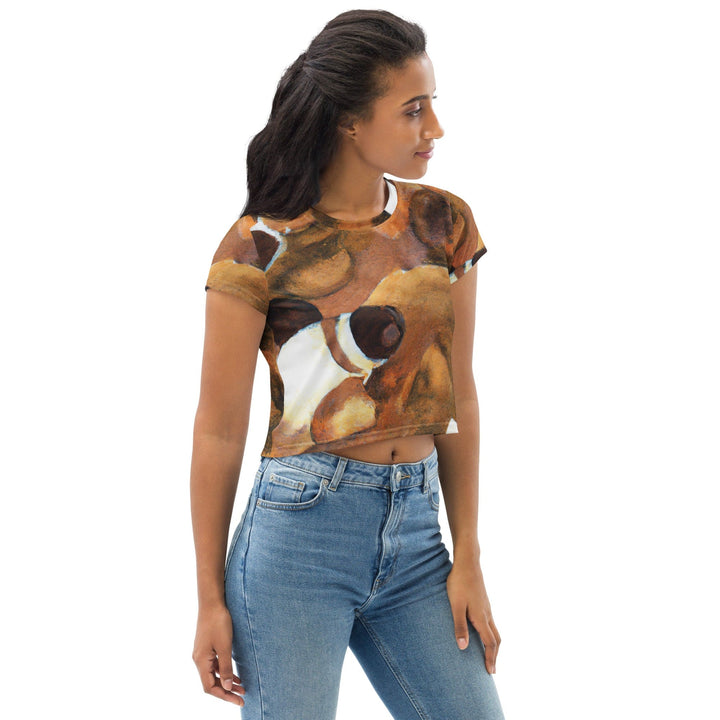 Womens Stretch Fit Crop Tee T-shirt - Brown White Stone Pattern