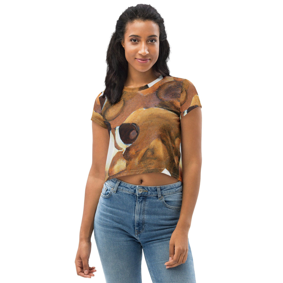 Womens Stretch Fit Crop Tee T-shirt - Brown White Stone Pattern