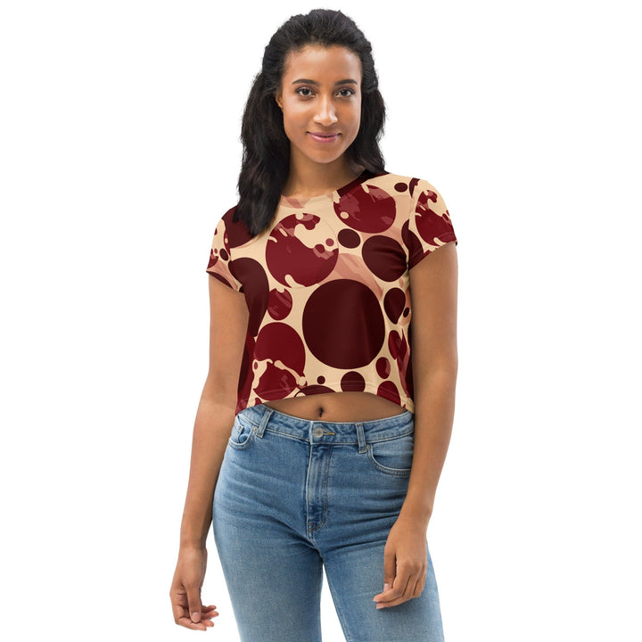 Womens Stretch Fit Crop Tee T-shirt - Burgundy Beige Circular Print