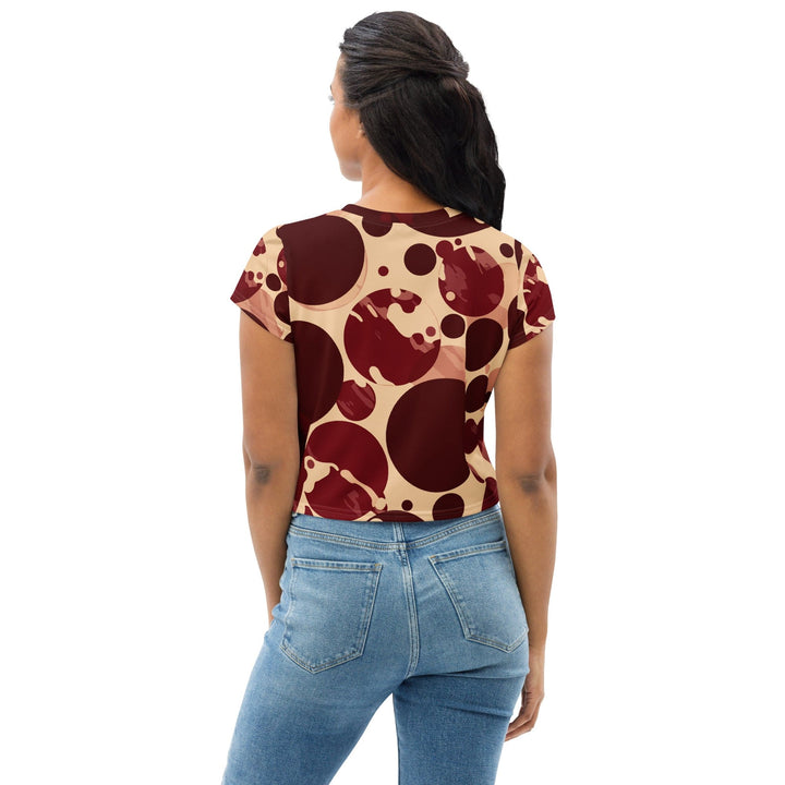 Womens Stretch Fit Crop Tee T-shirt - Burgundy Beige Circular Print