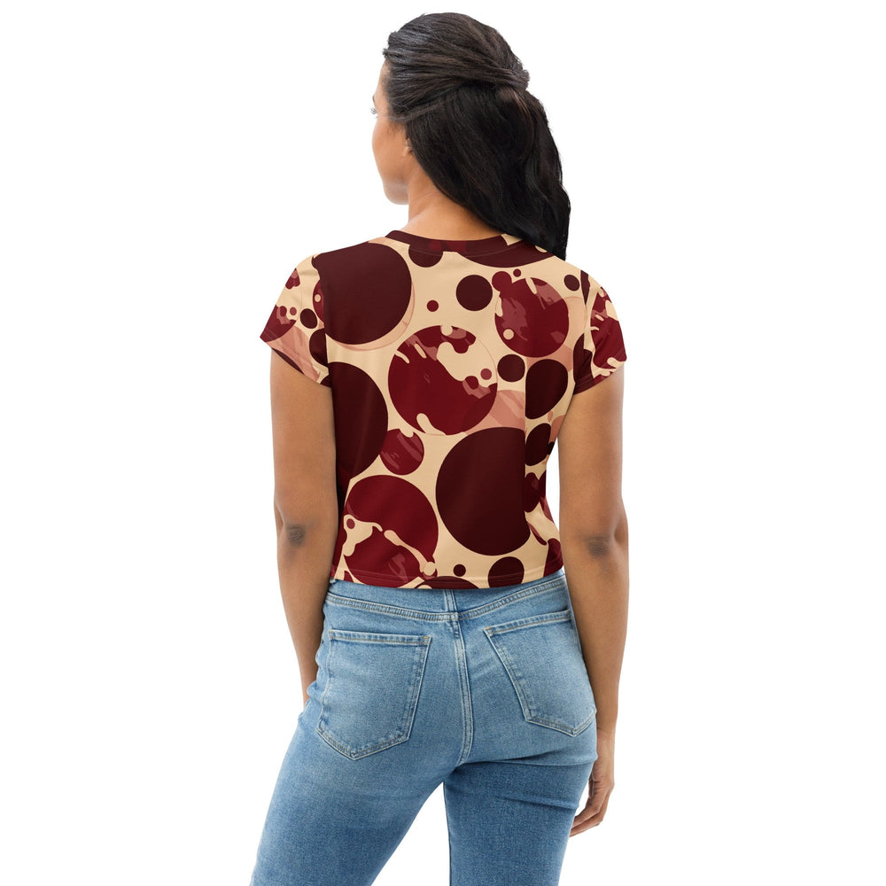 Womens Stretch Fit Crop Tee T-shirt - Burgundy Beige Circular Print