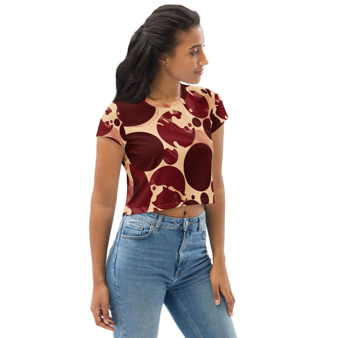 Womens Stretch Fit Crop Tee T-shirt - Burgundy Beige Circular Print