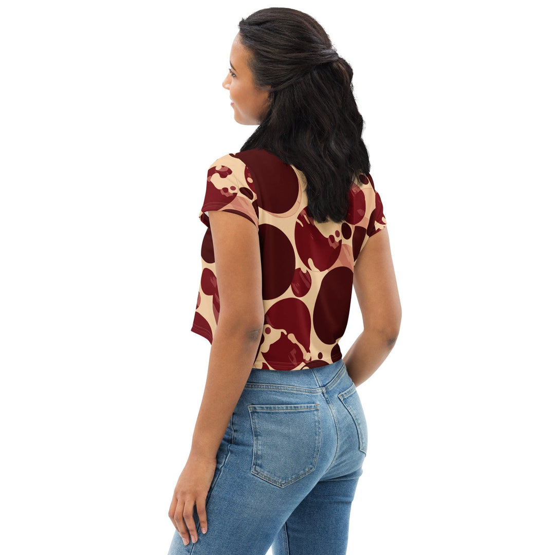Womens Stretch Fit Crop Tee T-shirt - Burgundy Beige Circular Print