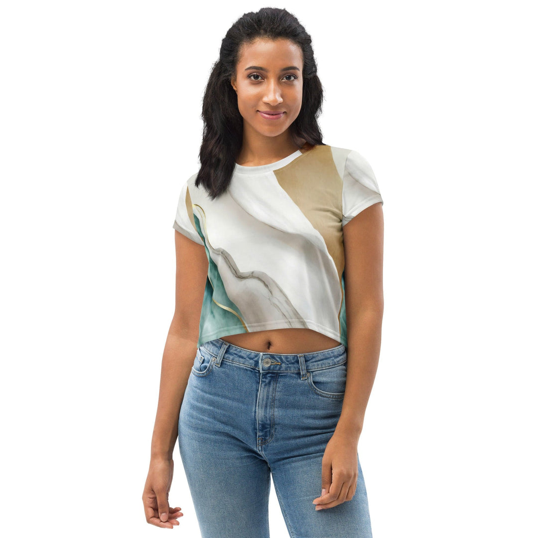 Womens Stretch Fit Crop Tee T-shirt - Cream White Green Marbled Print