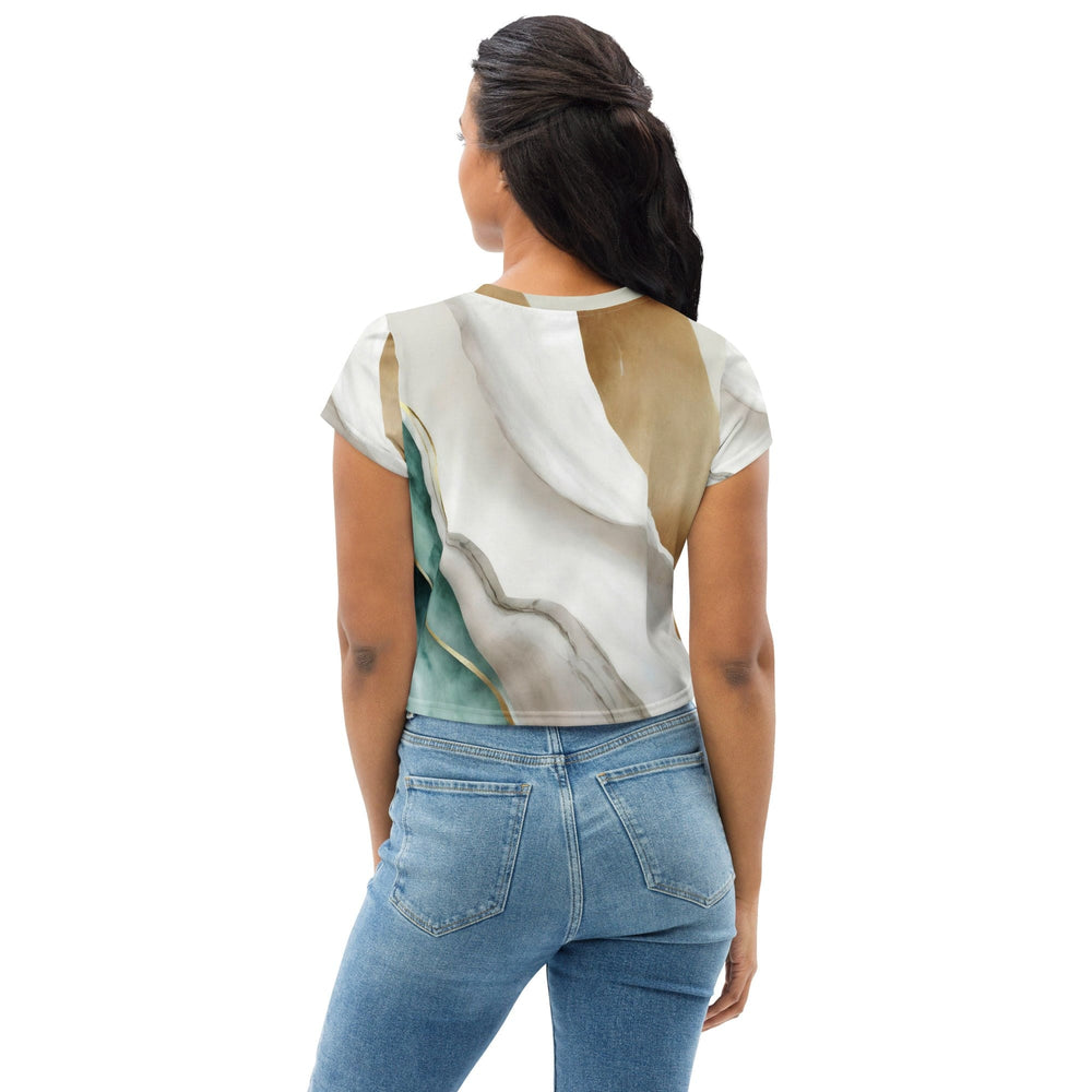 Womens Stretch Fit Crop Tee T-shirt - Cream White Green Marbled Print