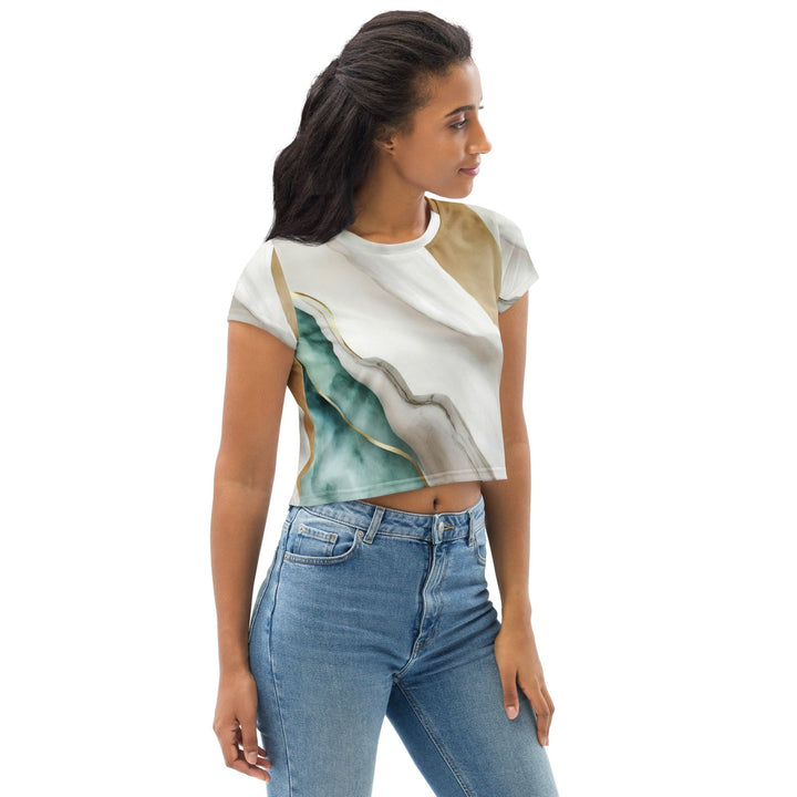 Womens Stretch Fit Crop Tee T-shirt - Cream White Green Marbled Print