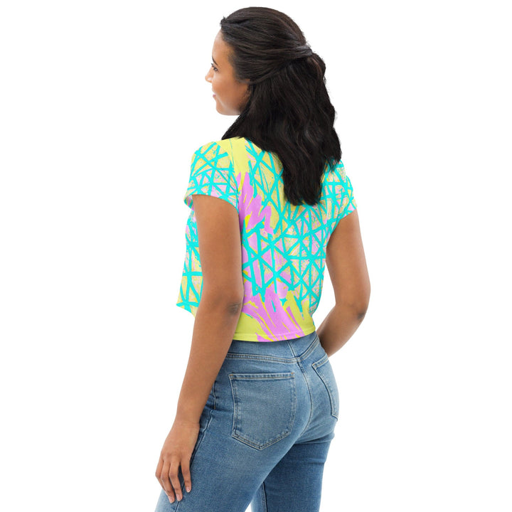 Womens Stretch Fit Crop Tee T-shirt - Cyan Blue Lime Green and Pink Pattern