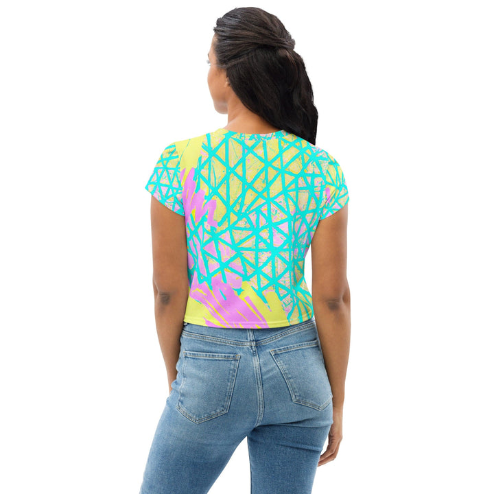 Womens Stretch Fit Crop Tee T-shirt - Cyan Blue Lime Green and Pink Pattern