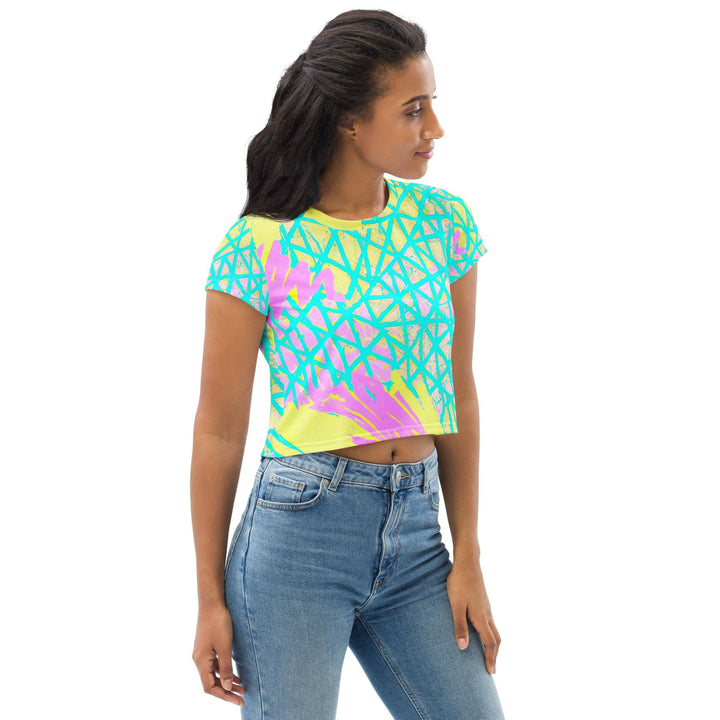 Womens Stretch Fit Crop Tee T-shirt - Cyan Blue Lime Green and Pink Pattern